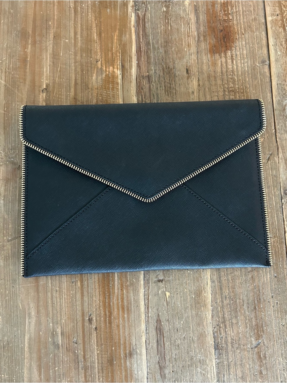 REBECCA MINKOFF Black Envelope Clutch with Gold Trim Evening Bag